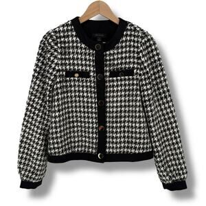 Ann Taylor Houndstooth Tweed Jacket Womens Sz XS Black White Metallic Trim